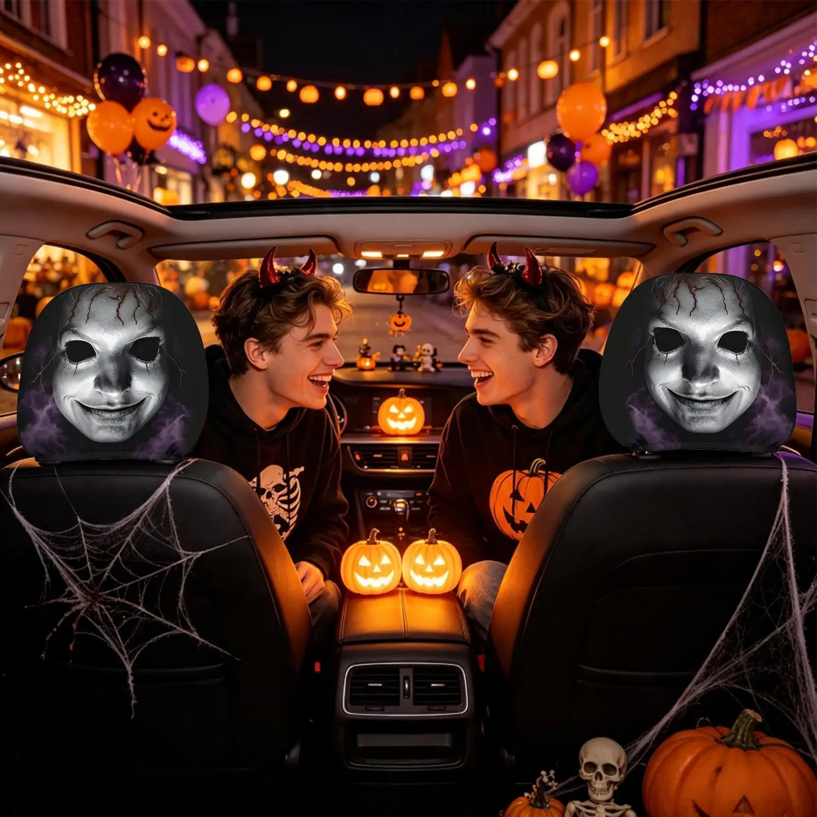 Ghost Headrest Covers For Car 2 Pieces Halloween Spooky Universal Protector Car Headrest Cover For Daily Commutes Road Trip