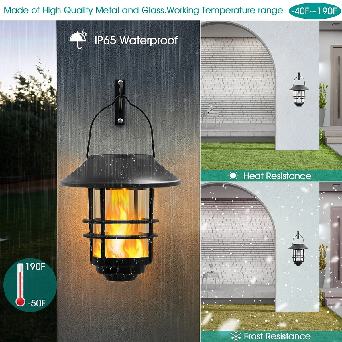 1pcs Solar Hanging Lantern Outdoor Flickering Flames Waterproof Heavy Glass Stainless Solar Outdoor Light for Wall Fence Patio P