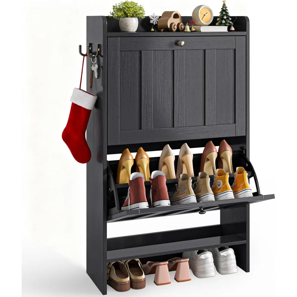 

Shoe Cabinet with Open Storage, Shoe Storage Cabinet for Entryway, Freestanding Narrow Rack with 2 Flip Drawers,
