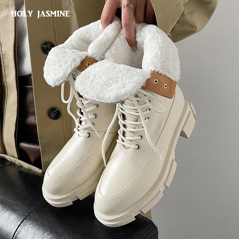 2022 New Winter Genuine Leather Women Boots Fur Warm Boots Snow Boots Lace-up Platform Boots Black White Motorcycle Boots Shoes