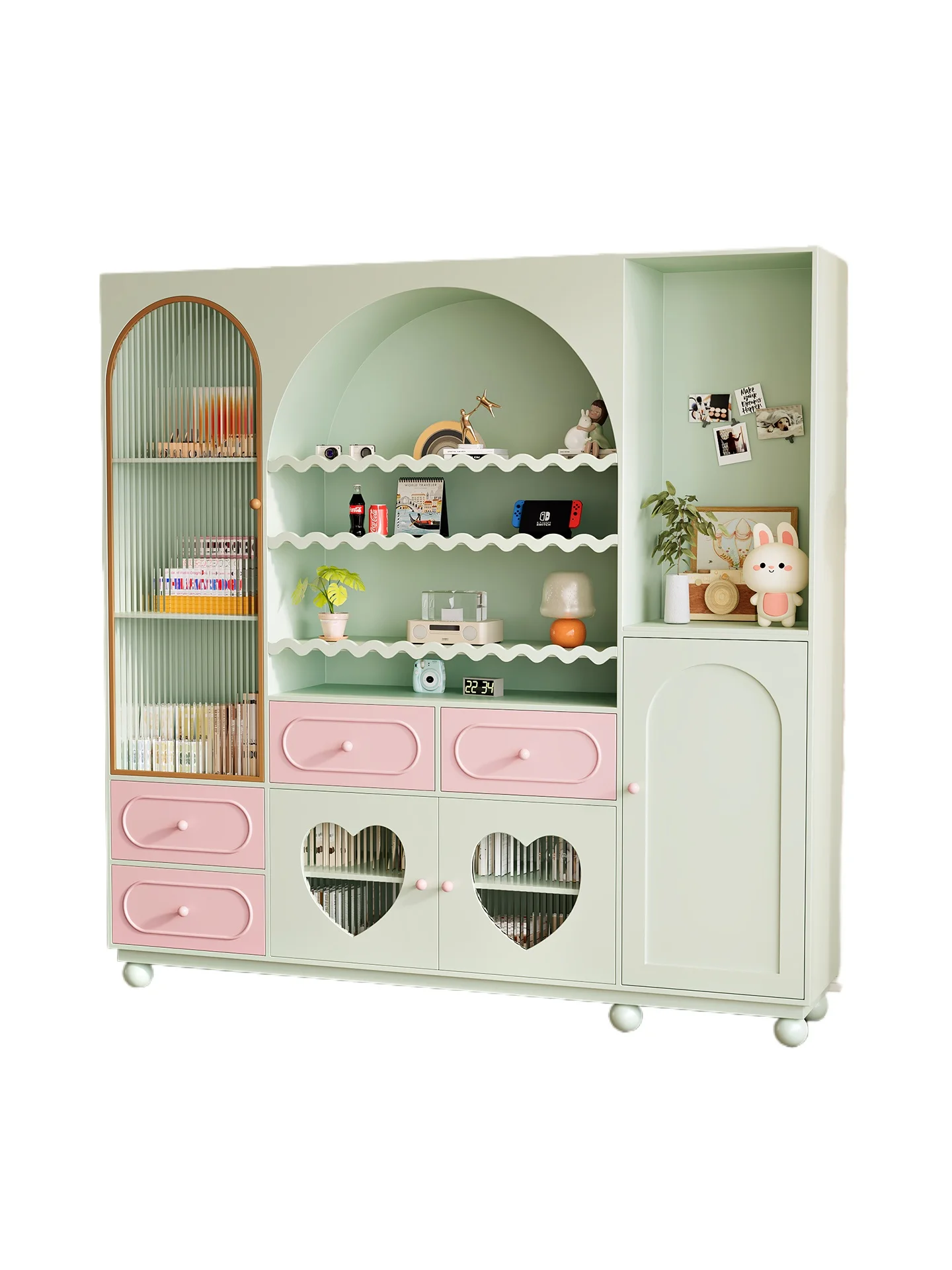 

Dopamine Bookcase Arched Mint Green Wall Cabinet Living Room Display Cabinet Decorative Cabinet Vintage Pink Floor Display