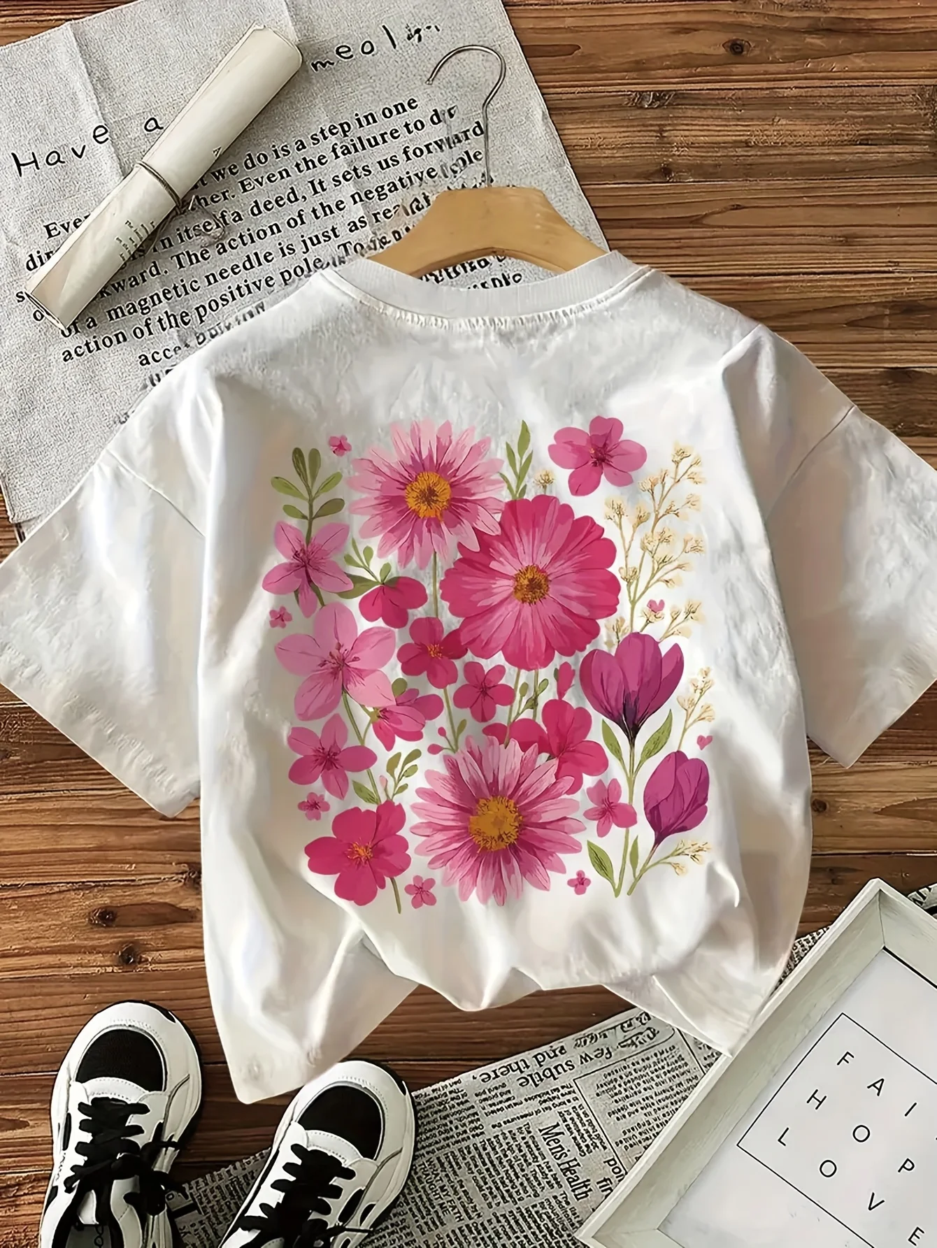 Retro pink flower elegant style double-sided printed short sleeved round neck casual youth fashion top for both men and women