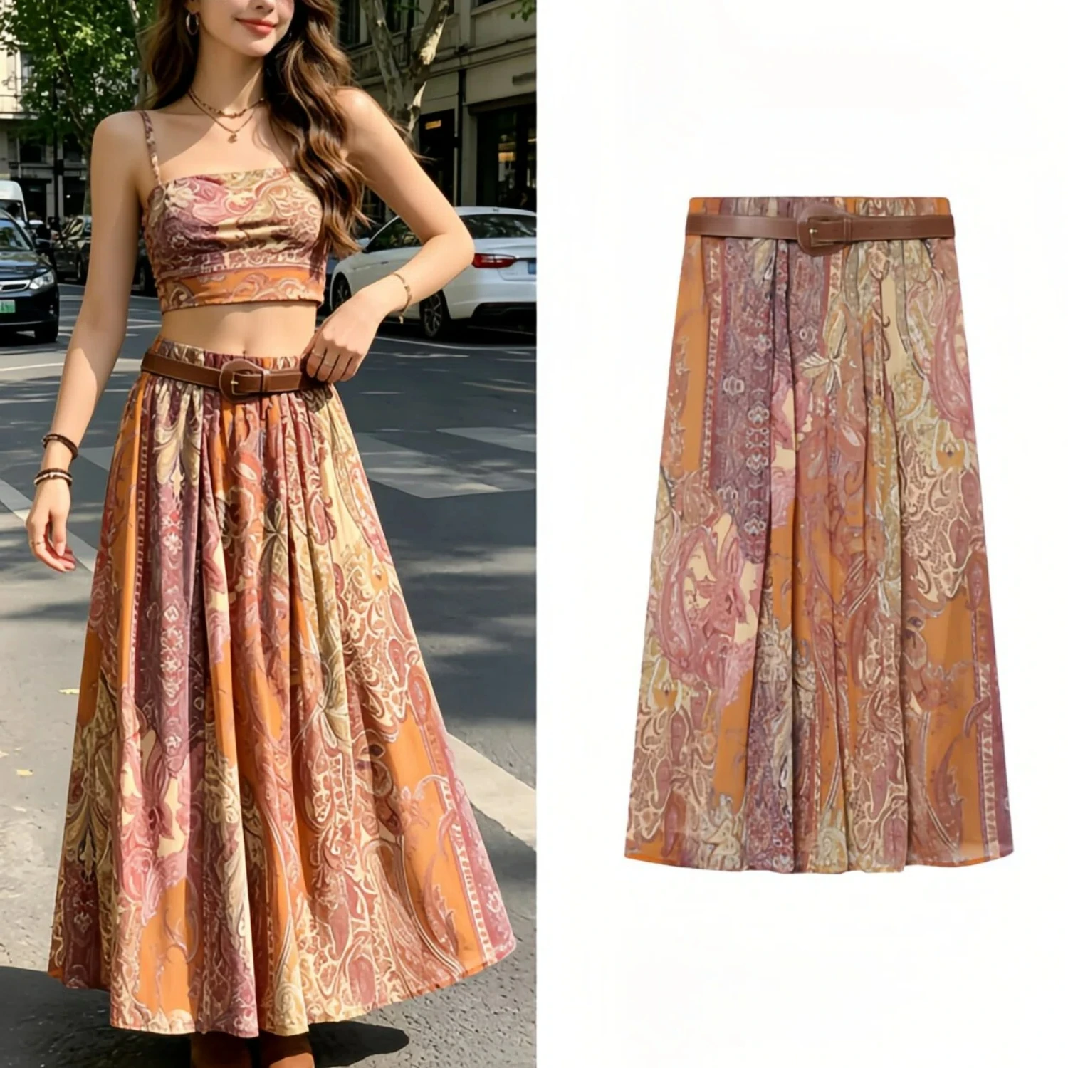 Summer 2026 Women Paisley Print A Line Loose Midi Skirt Vacation Style Fashionable New Skirt Casual Flowy Beach Skirt