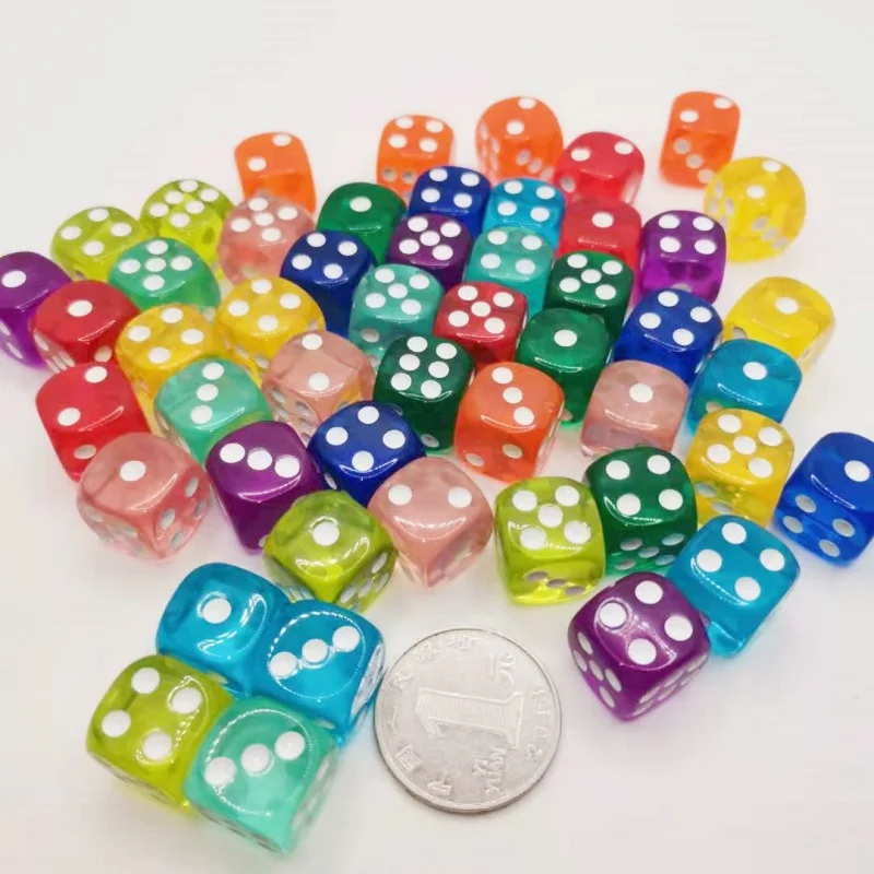 10Pieces/Lot High Quality Transparent Acrylic 6 Sided 14mm D6 Point Dice For Club/Party/Family Board Games 10 Colors