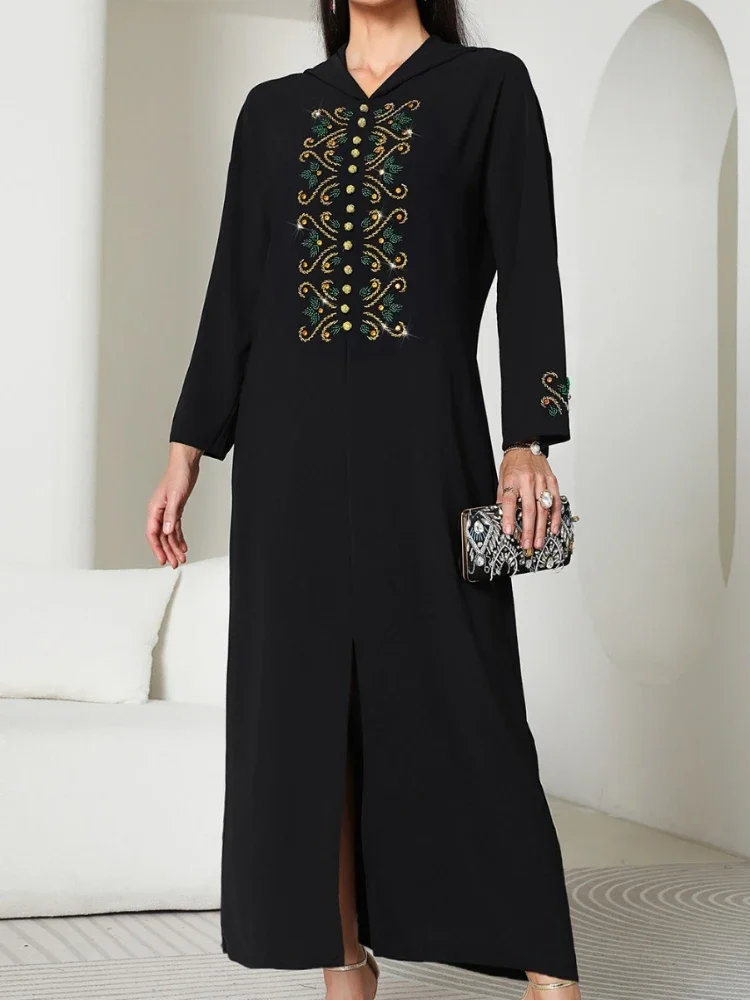 Eid Party Dress Muslim Women Abaya Hooded Ramadan Dubai Gorgeous Diamonds Kimono Vestidos Kaftan Islam Arab Long Robe 2024