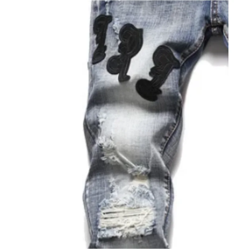 Jean pour hommes avec patchs déchirés, pantalon tendance extensible, coupe slim et polyvalent pour hommes