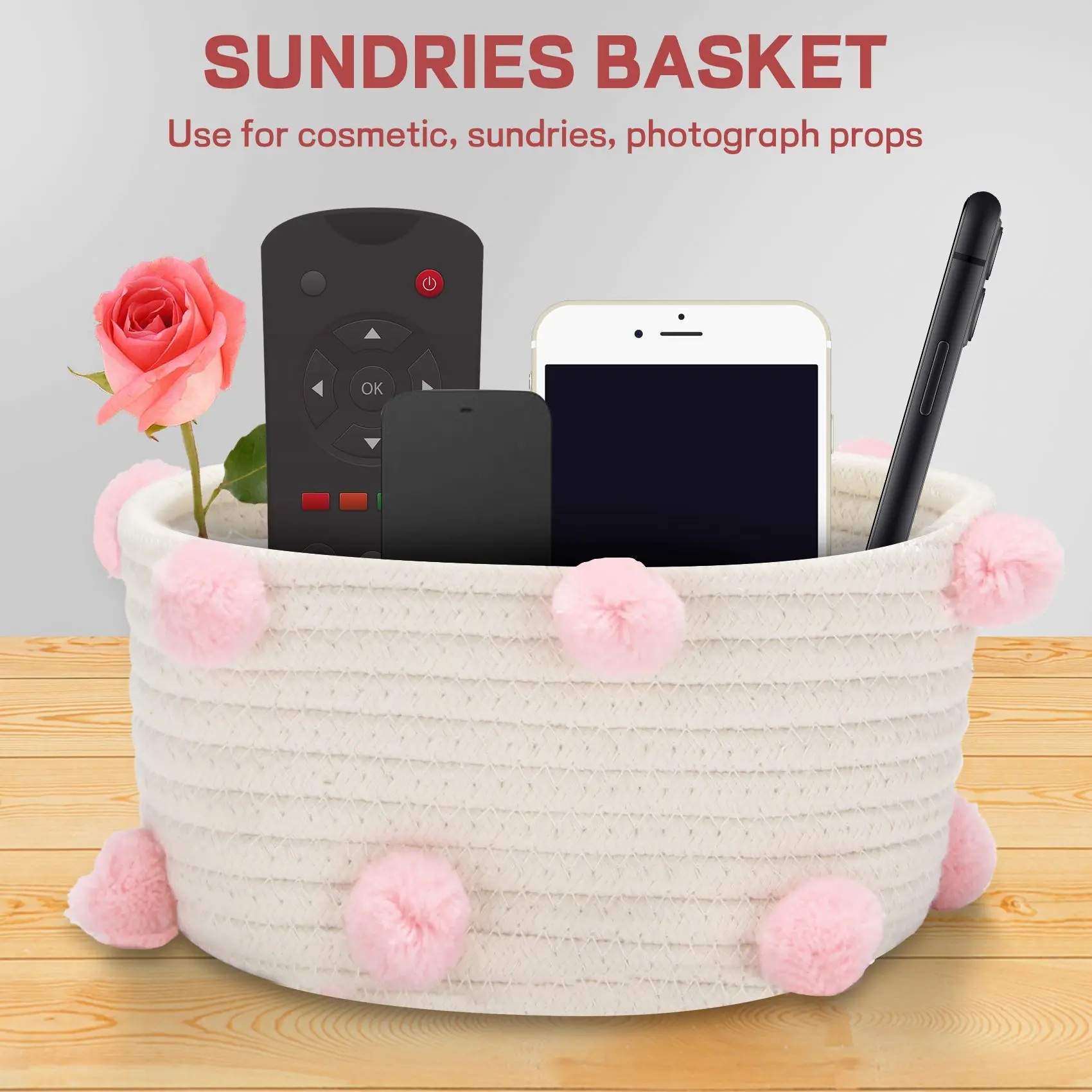 Cotton Woven Storage Basket Cute Pompom Decor Sundries Finishing Box Nordic Cosmetic Toys Organizer Frame Pink S