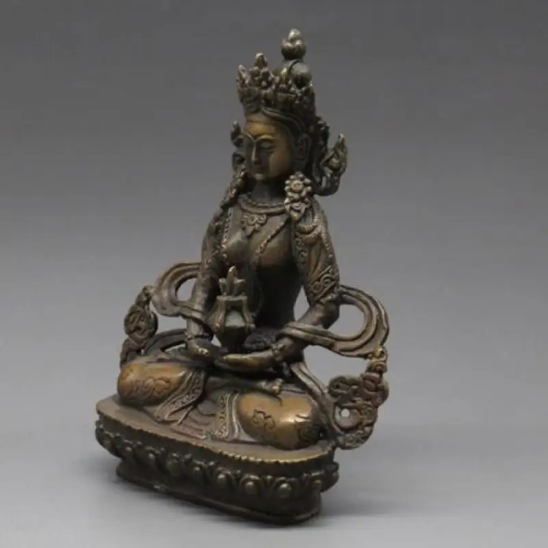 12.5cm Antique Bronze Amitayus Buddha Statue Tibetan Buddhism Longevity Buddha Lotus Seat Home Altar Worship Decor