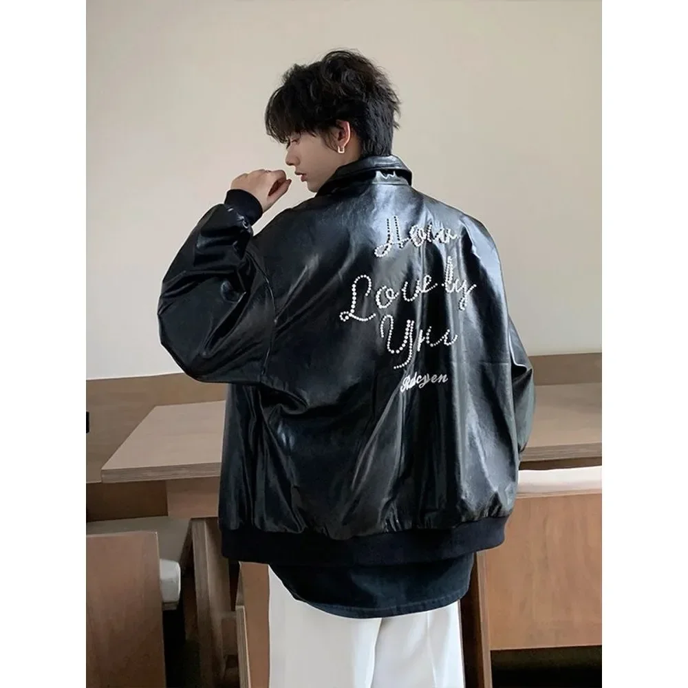 Leather Motorcycle Embroidery Letter Machine Nail Pearl Zipper Lapel Jacket Men Women Loose Casual Racing Jacket Coat Clothing