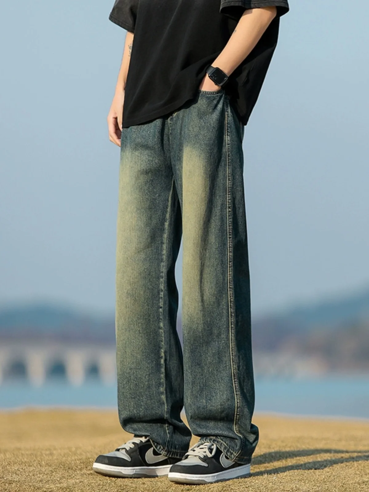 

Loose Straight Leg Men's Jeans High Street American Sle Autumn Trendy High Waist Casual Pants Wide Leg Pants