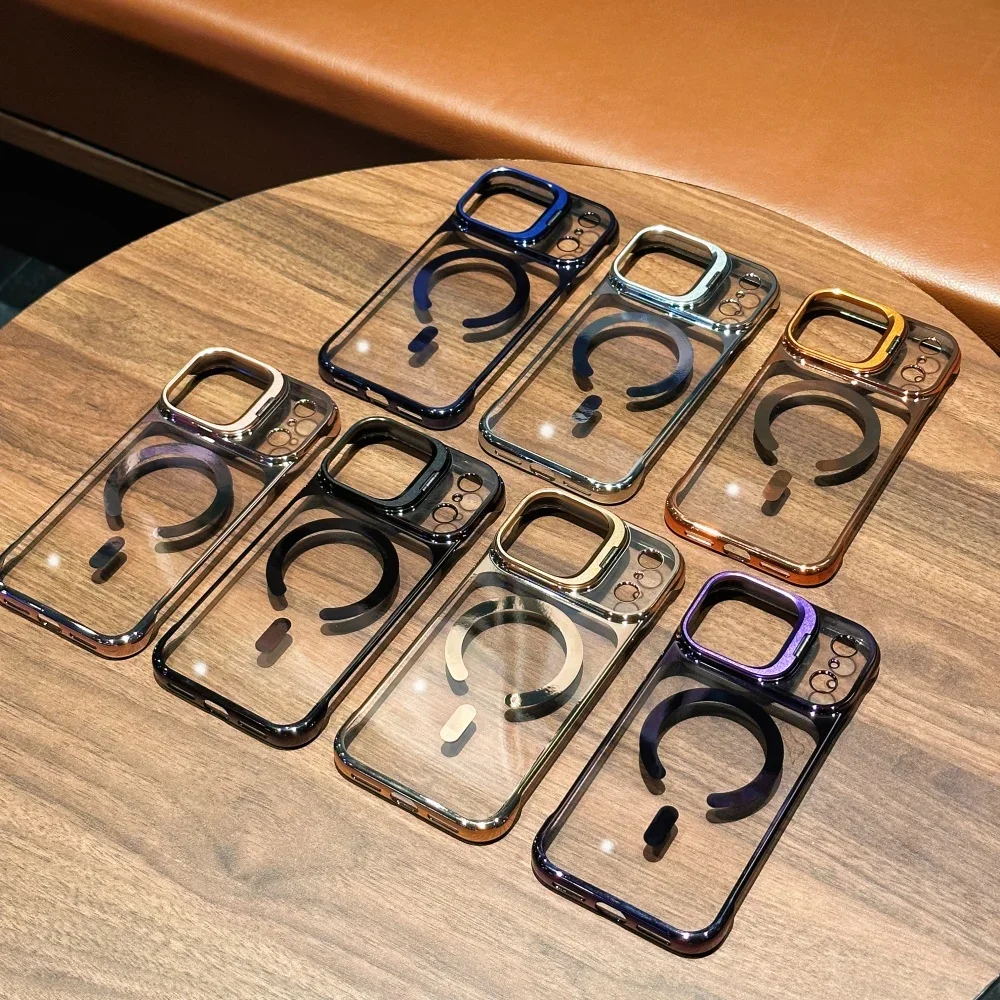 Ultra Thin Borderless Magnetic Transparent Phone Case For iPhone 17 16 15 14 Pro Max 17Air 13 Lens Bracket Minimalist Half Cover