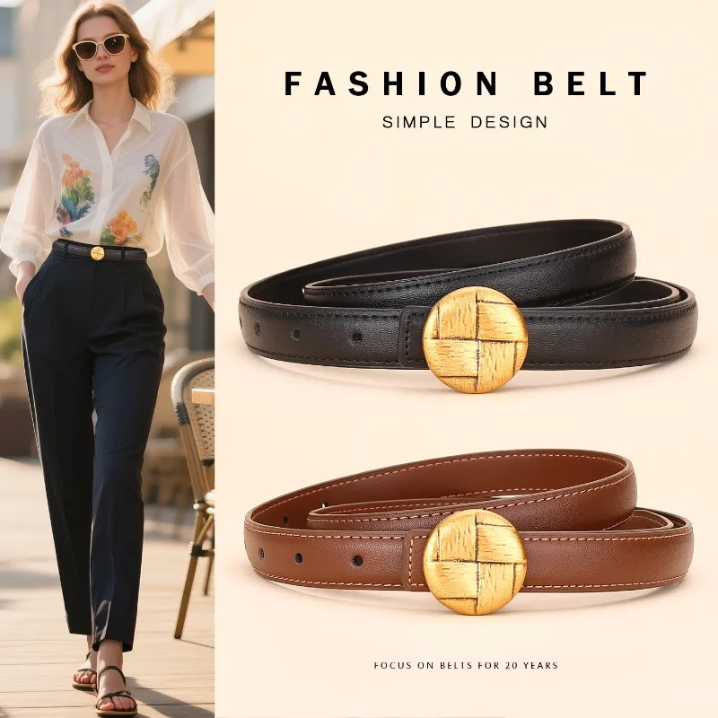 

Женский кожаный ремень с высококачественным ощущением воловьей кожи, универсальное украшение, деловые джинсы, модный повседневный ремень для брюк в стиле ретро