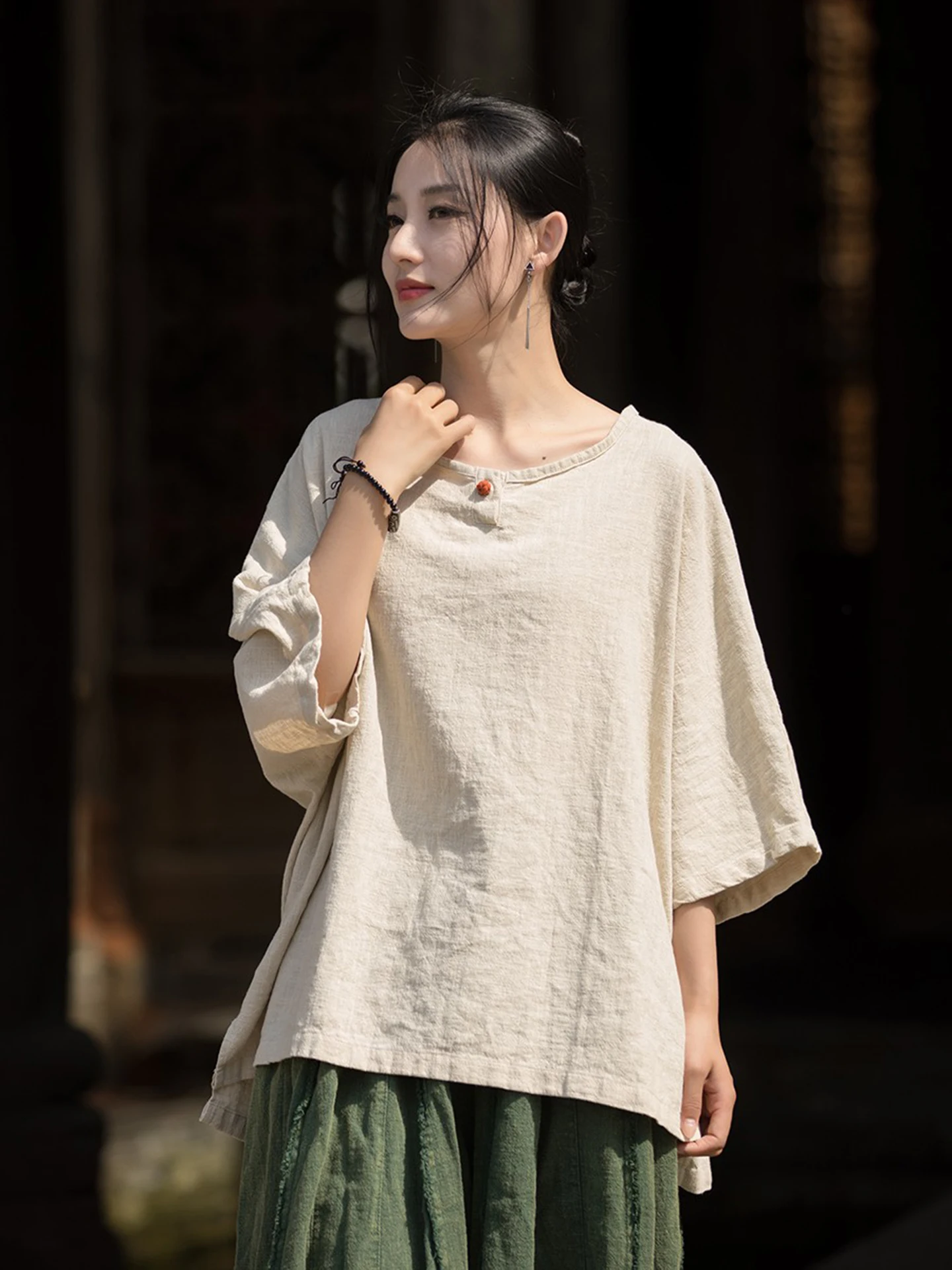 Retro Cotton Linen Women's Summer T-shirt New Chinese Style Crew Neck Short Sleeve Buddha Style Pure Color Breathable Tee