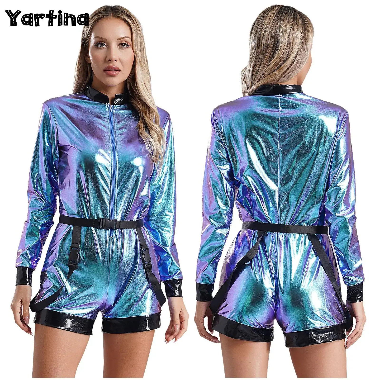 

Womens Metallic Shiny Coverall Astronaut Costume Space Alien Robot Halloween Cosplay Outfits Waist Belt Zipper Boyshort Bodysuit