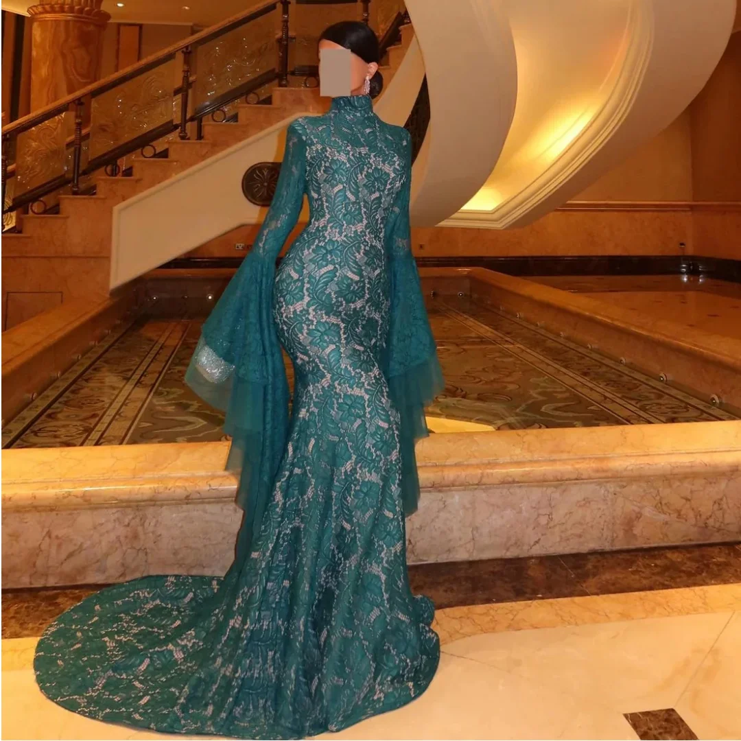 

High Collar Lace Evening Dresses Woman Long Sleeves vestidos de noche Illusion Mermaid Prom Dress Wedding Party Gown Customized