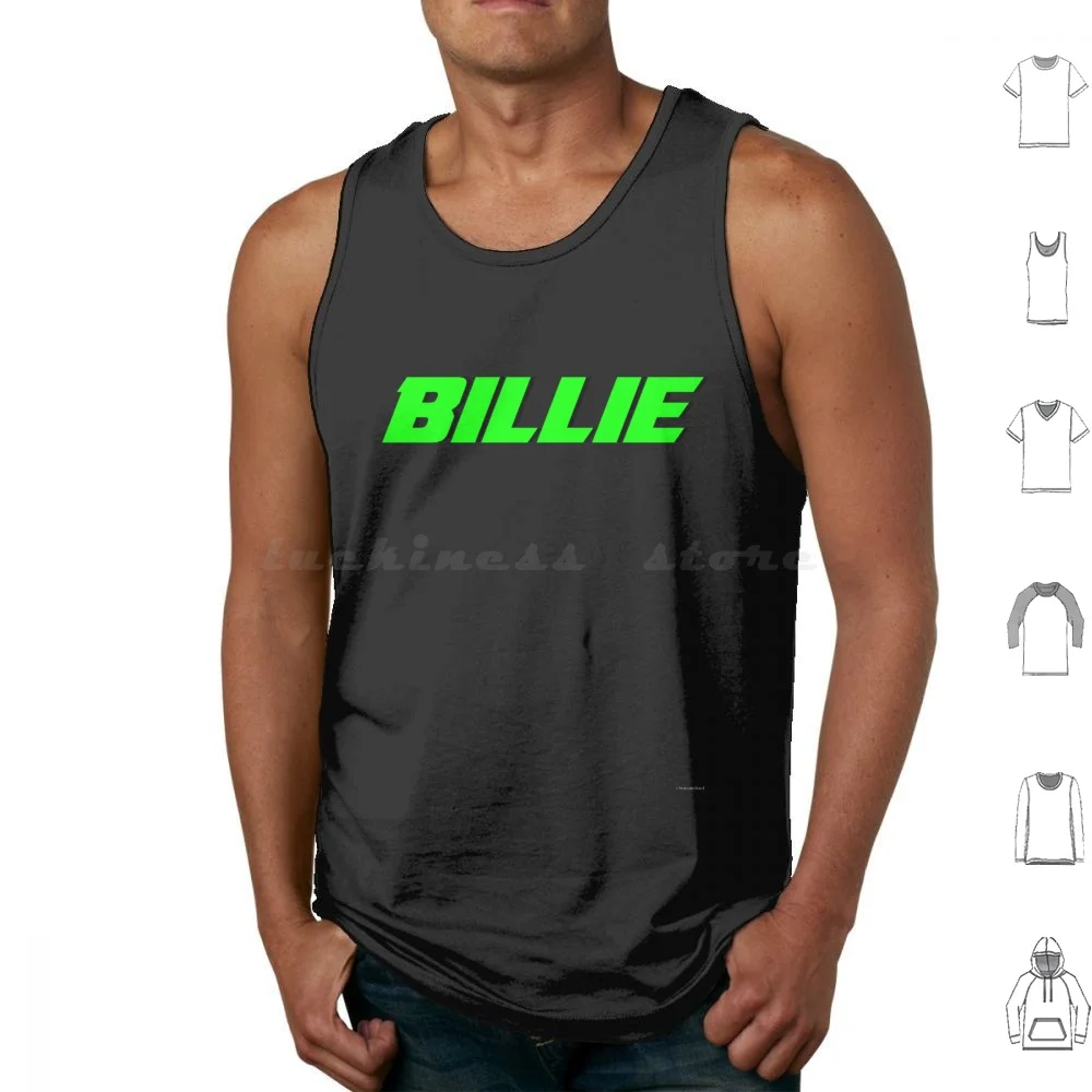 Camisetas sin mangas de neón Billie (negro Bg) con estampado de algodón, nombre verde y negro, etiqueta de nombre chocomilked, letras de artista musical, no sonrías en mí