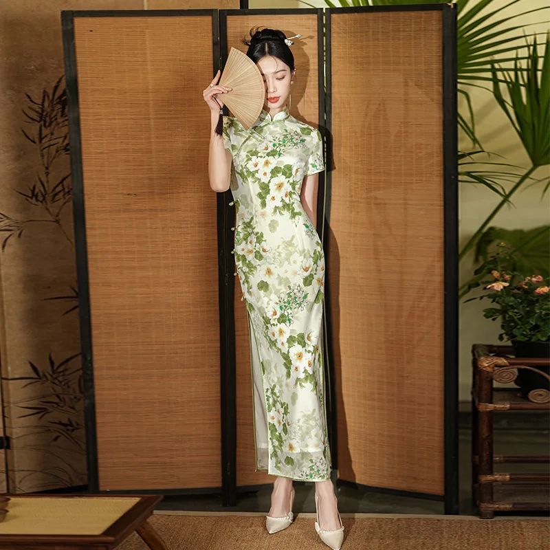 

Improved Young Chinese Floral Traditional Vintage Modern Cheongsam Qipao Silk Crepe De Chine Retro National White Dress