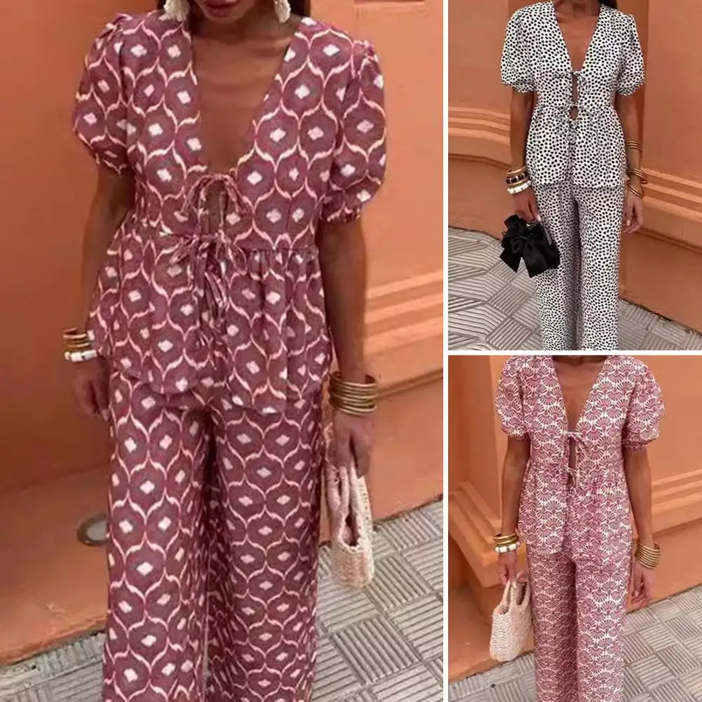 Lady Loose Pants Set Chic Women's V-neck Cardigan Set Printed Short Sleeve Top Wide Leg Pants for Daily Wear Commute Outfit