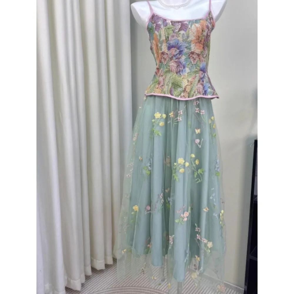 

Французское шикарное жаккардовое сетчатое тонкое сказочное платье без рукавов, женское летнее пляжное платье трапециевидной формы с талией, комплект из двух предметов