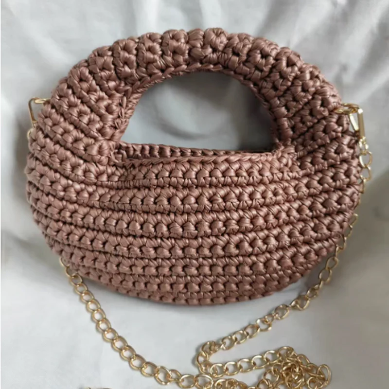 New Handmade Crocheted Half Moon Bag Woven Fabric Strip Woven Handbag Chain Single Shoulder Crossbody Bag