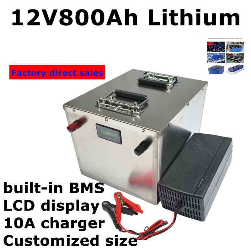 LT-Powerful 12V 800Ah lithium ion battery pack built-in BMS for RV solar system Steamer Machine motorhome +20A charger