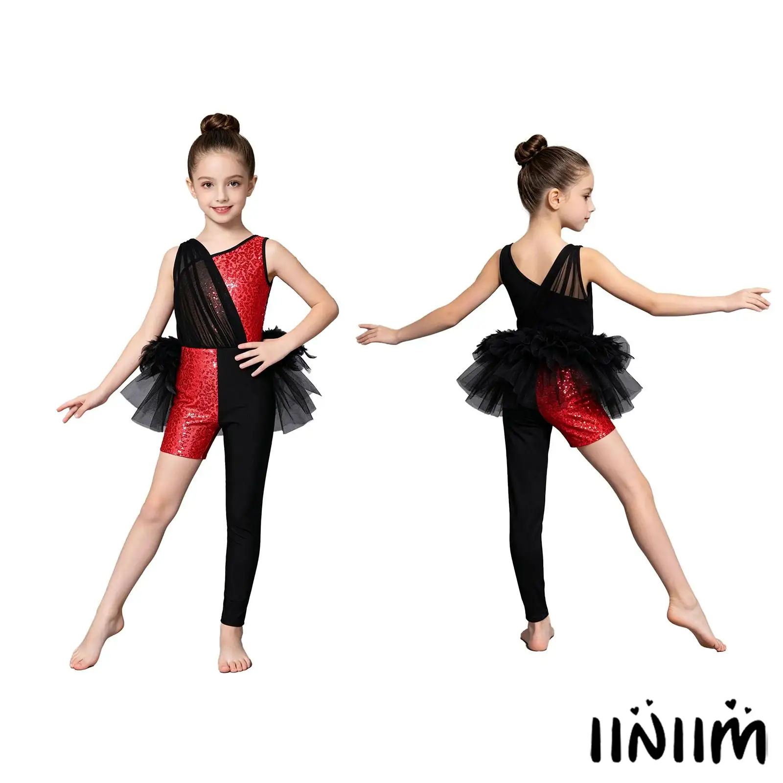 

Kids Girls Sparkly Sequins Jazz Dance Jumpsuit Color Block Asymmetrical Leotard Feather Tulle Skirted Bodysuit Ballet Dancewear