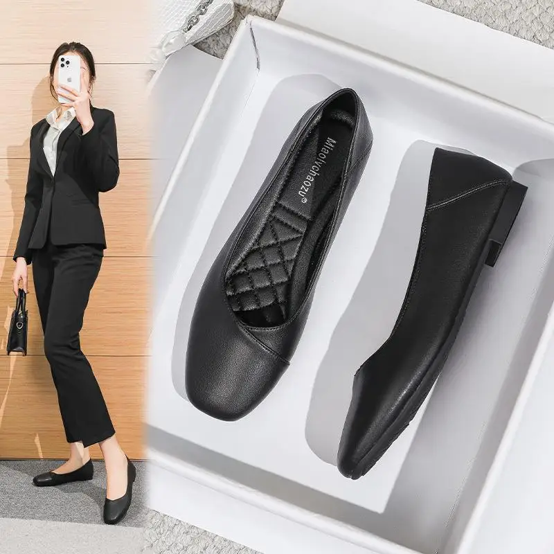 Soft Leather Work Shoes for Women Flat Bottom Comfortable Standing All Day Square Toe Black Soft Bottom Single Shoes Slip-On
