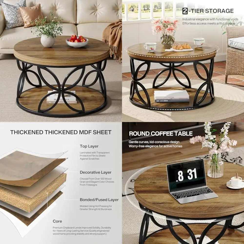 

Round Coffee Table with Storage, 2-Tier Circle Table for Living Room, Rustic Brown Wood Grain Design