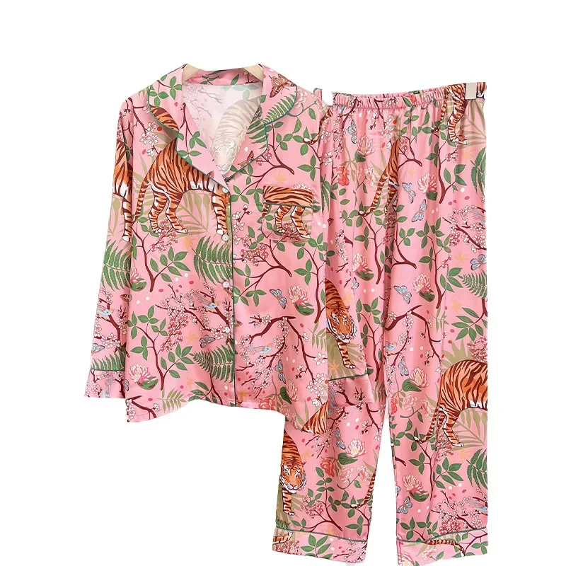 Women Pajama Set Spring Autumn 2 Piece Tiger Print Pyjama Pocket Faux Silk Satin Sleepwear Long Sleeve Pijama Mujer Pjs Homewear