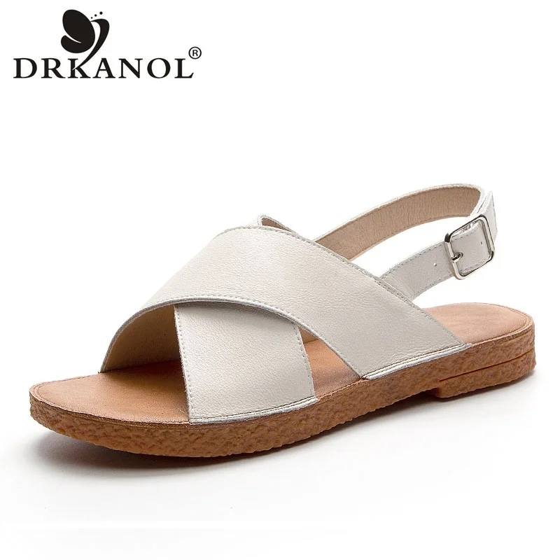 DRKANOL Sandals Women 2024 Cross Cowhide Fish Mouth Open Toe Flat Casual Sandals Ladies Outside Casual Slippers Slides Size 43