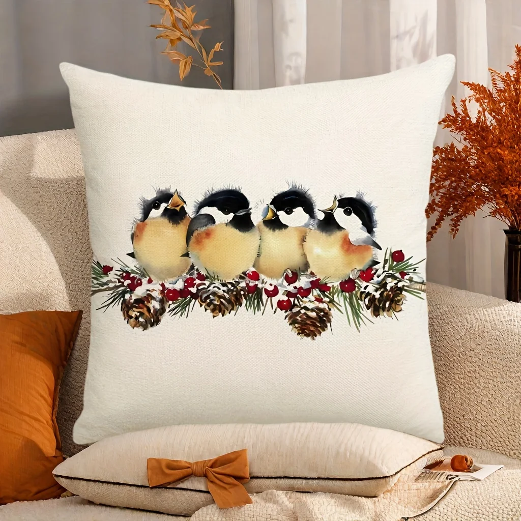 1pc Winter Little Birds Pinecone Berry Double‑Sided Print Pillow Cover, Cushion Case for Sofa Bedroom, Insert Not Included
