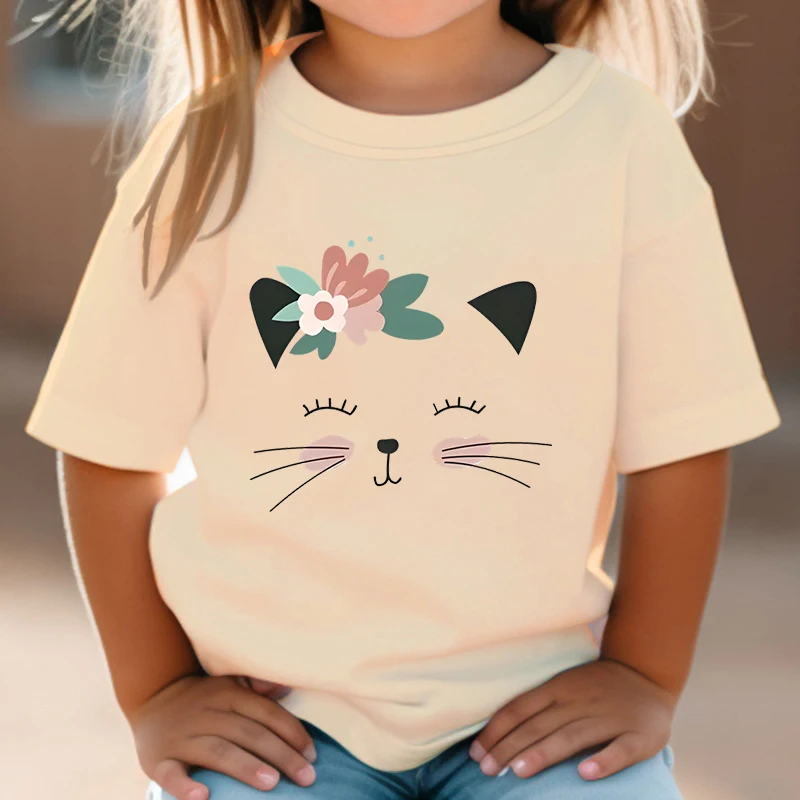 Cartoon Flower Cat Design Girls Boys Short Sleeve T-shirt 2024 Summer Clothing Loose Cute Animal Tops Tees Kids Kitten Tshirt