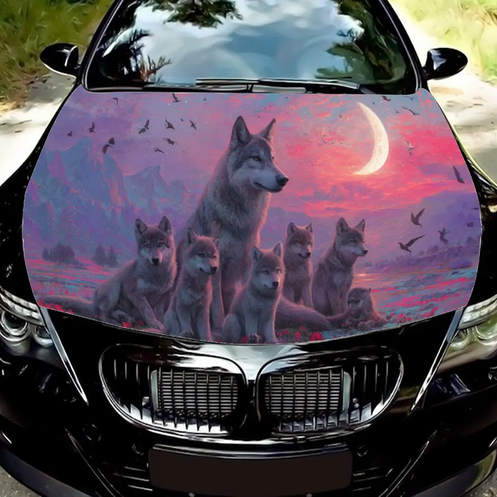 

Наклейка на чехол для автомобиля Dreamy Sunset and the Wolf Family, наклейка из ПВХ с защитой от царапин, самоклеящаяся водонепроницаемая виниловая наклейка на капот автомобиля