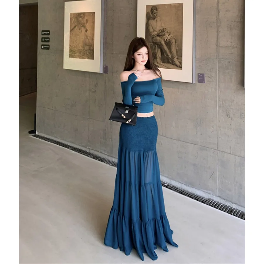 

Длинная вязаная простая юбка-миди Klein синего цвета на одно плечо, простая женская юбка-миди с высокой талией