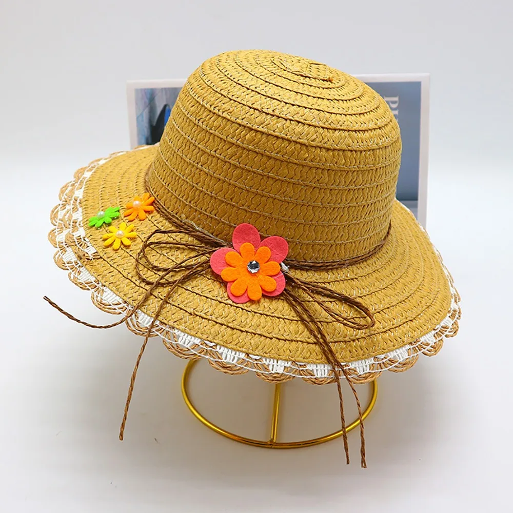 

Sweet Handmade Straw Hat Wide Brim Flower Decoration Sun Hat 3-7Year Beach Hat Travel