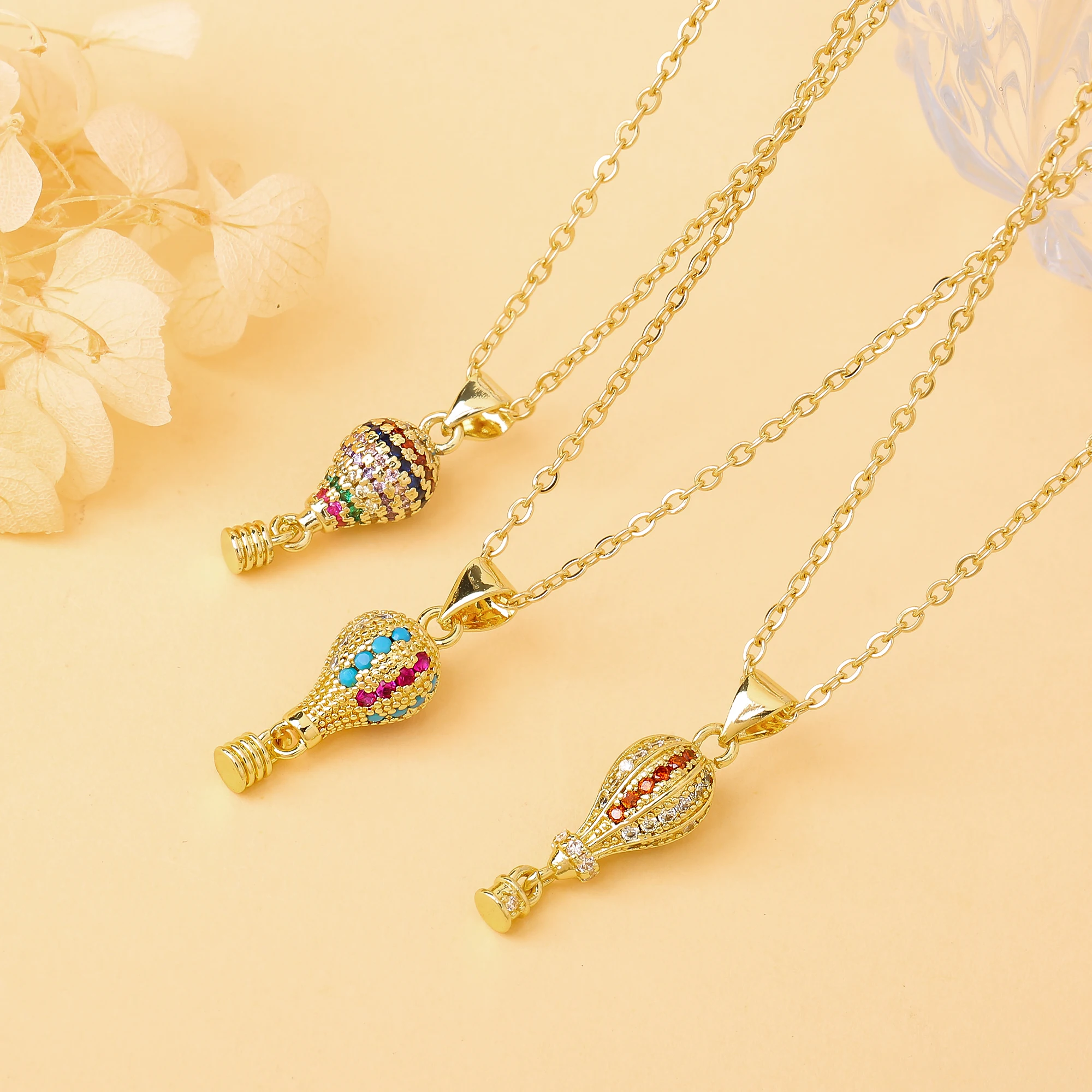 3D Stereo Hot Air Balloon Shiny Zircon Necklace Gold Plated Travel Dream Charm Necklace Dainty Fashion Jewelry Gift For Women