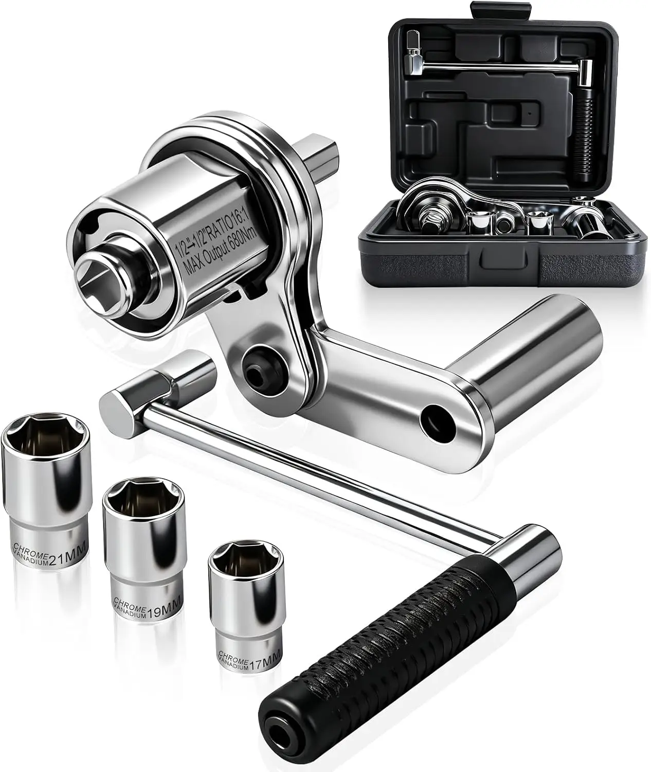 Torque Multiplier Wrench 1/2" Drive,| Tire Wrench Set with 17,19,21mm Sockets,Labor Saving Tool for Tire Repair