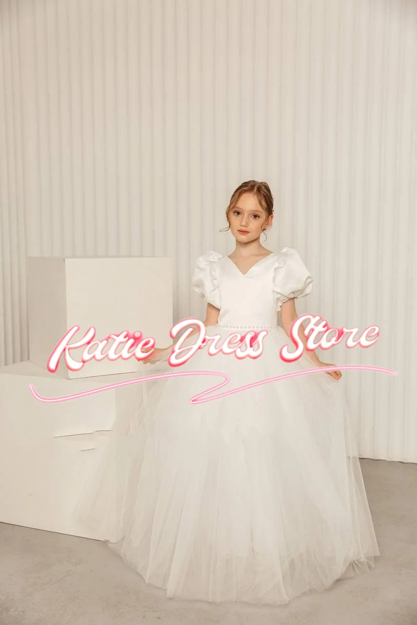 Ivory Customized Flower Girl Dress for Wedding Tulle Puffy Pearls Short Sleeve Kids Birthday Party First Communion Ball Gowns