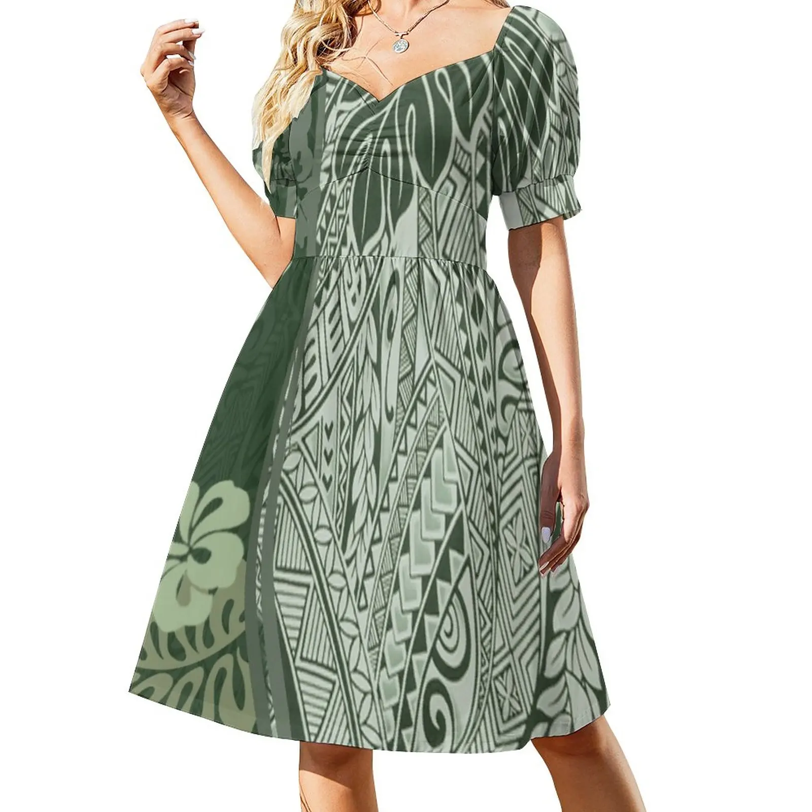 

Hawaiian Green Tropical Tapa Print Dress elegant dresses plus sizes Woman's evening dress women's clothing korea stylish