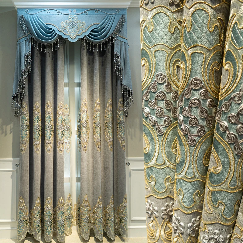 Custom  Size！！European High-end Chenille Embroidered Water-soluble Hollowed-out Luxury Curtains for Living Dining Room Bedroom