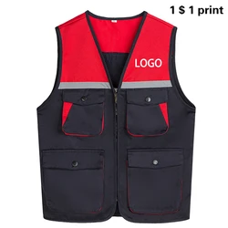 Men'S Outdoor Vest Hiking Fishing Hunting Photography Multi-Pockets Multi-Function Workshop Workerclothes Jacket Top Print Logo