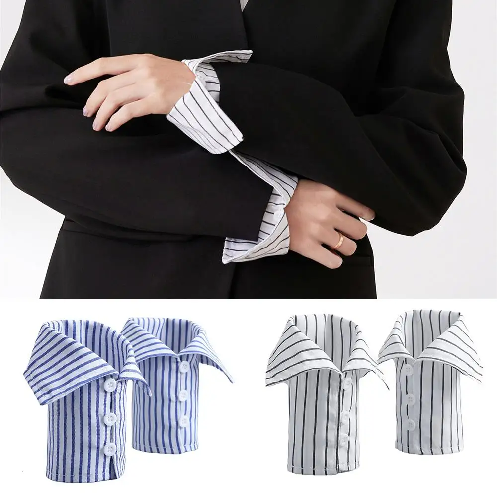 

1Pair Simple Blue White Stripe Sleeve Cuffs Detachable Decorative Fake Sleeves Suit Shirt Fake Sleeves Korean Hand Wrist Cuffs