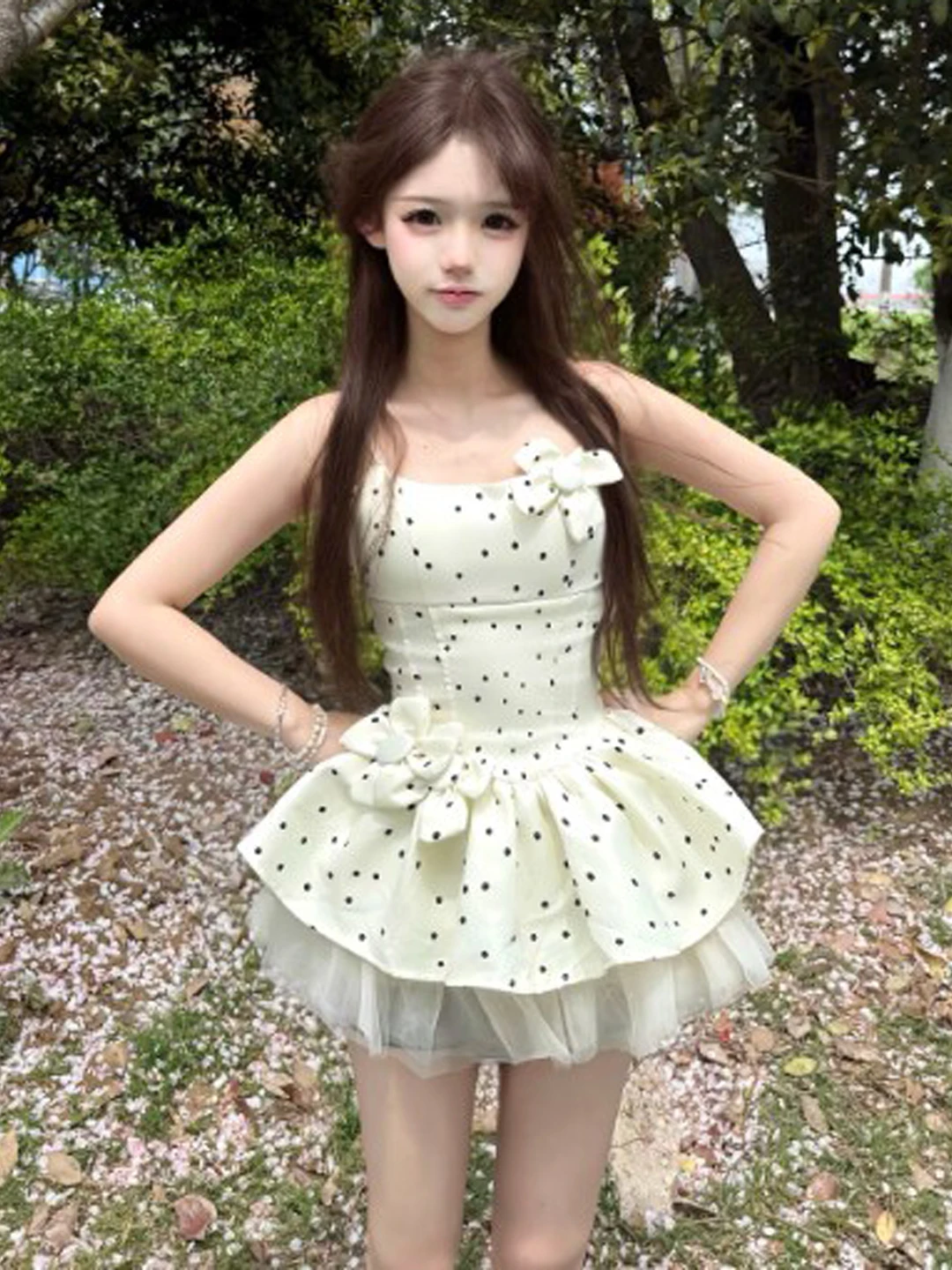 

Gentle Wind Polka Dot Puffy Short Skirt Midi Dress Slim Fit Cotton Summer Casual Daily Street Style Women's Fashion Dress