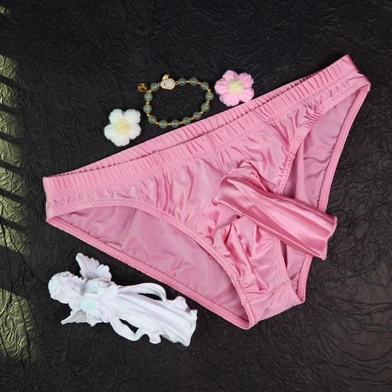 Men Sexy Glossy Ice Silk Satin Triangle Briefs, Low Waist Tight Pack Hip Underpants, Silky Smooth Open Design Daily Wear Panties