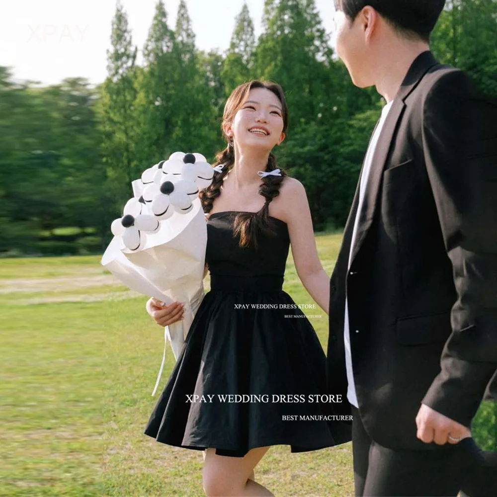 XPAY Simple Black Short Prom Dresses Above Knee Customised Wedding Dress Strapless Mini Satin Night Event Gowns Marriage Custom