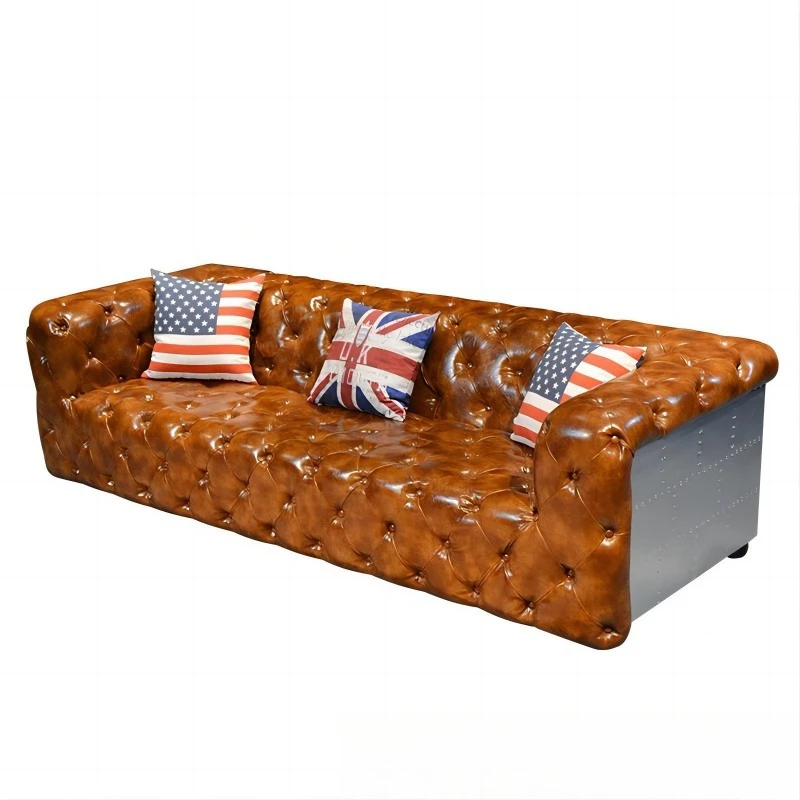 Pull-up sofa Industrial style metal aluminum leather living room retro cigar club leather sofa