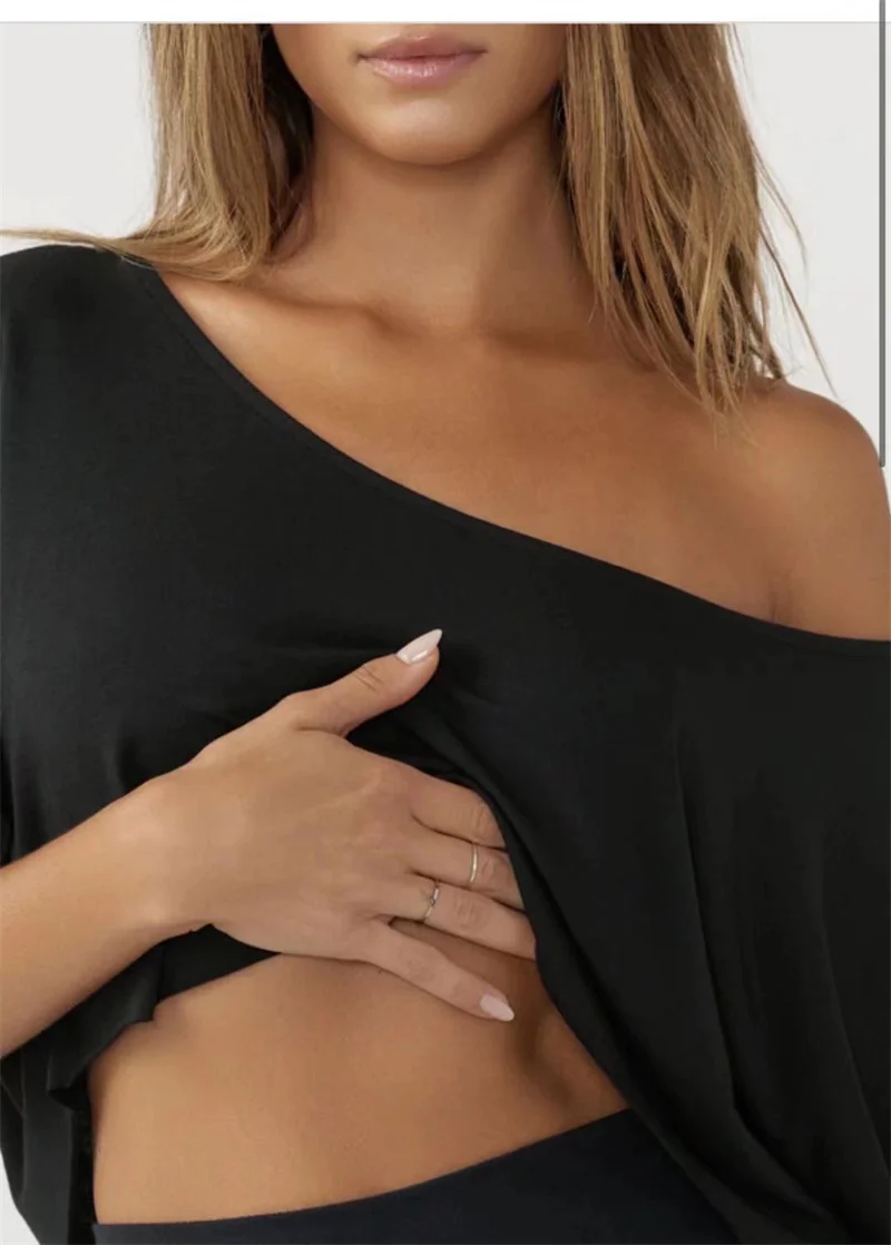 Amerikaanse Lazy Sle Sexy Een oulder f Sve Casual Losse Navel Verzwakte ort Sve T-shirt Streetwear Pure Kleur