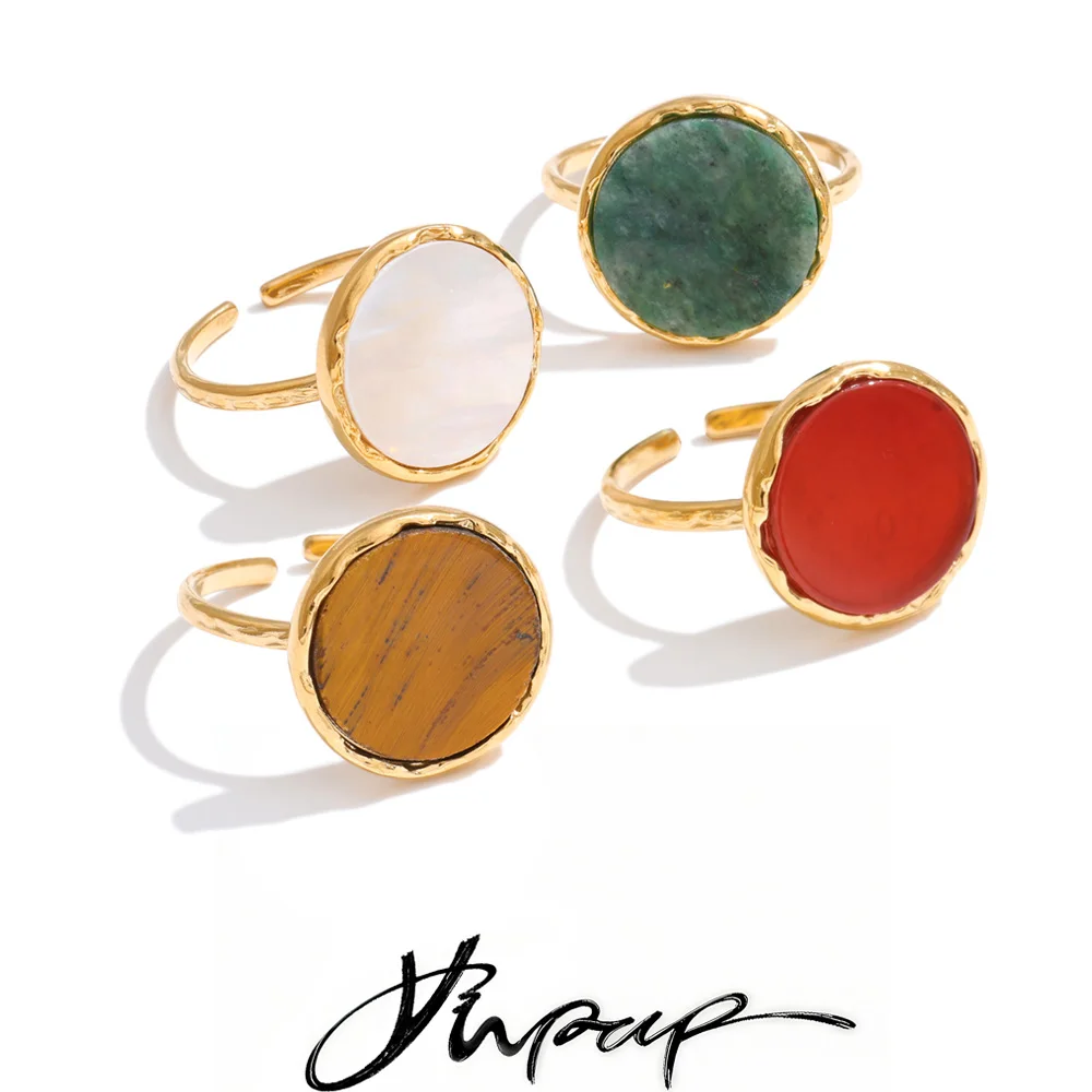 Yhpup Stainless Steel Stone Adjustable Ring for Women High Quality Natural Tiger Agate Shell France Popular Finger Jewelry Gift