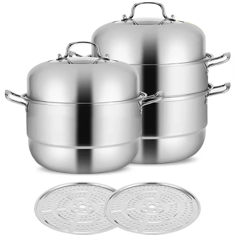 High Quality Kitchen Cookware Set Stainless Steel Steamer Induction Cooking Pot with Metal Lid 2/3 Layers Soup Pot