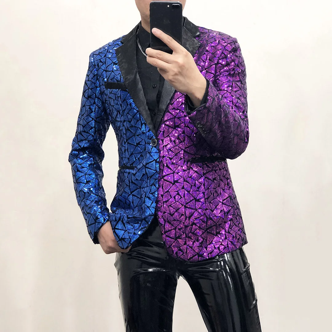 

Geometric Splicing Sequin Suit Men's Slim Fit Single Button Dress Host Nightclub Bar Singer Stage Performance Clothing